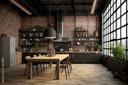 Loft-style kitchen with an industrial-themed wall mockup depicted in a 3D render. Generative AI