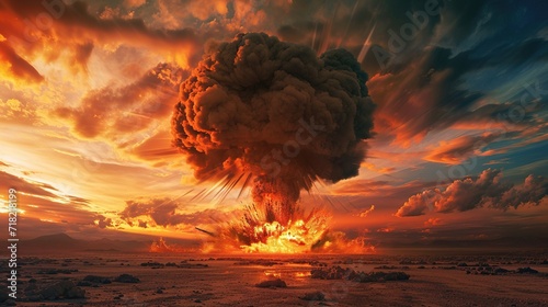 Nuclear explosion scene, big nuclear explosion. Created with Generative Ai technology.