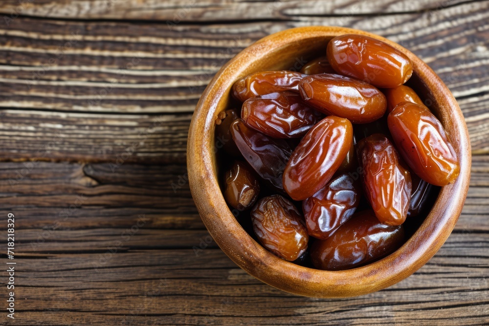 Dates or dattes palm fruit in wooden bowl is snack healthy. Dates or dattes palm fruit in wooden bowl is snack healthy.