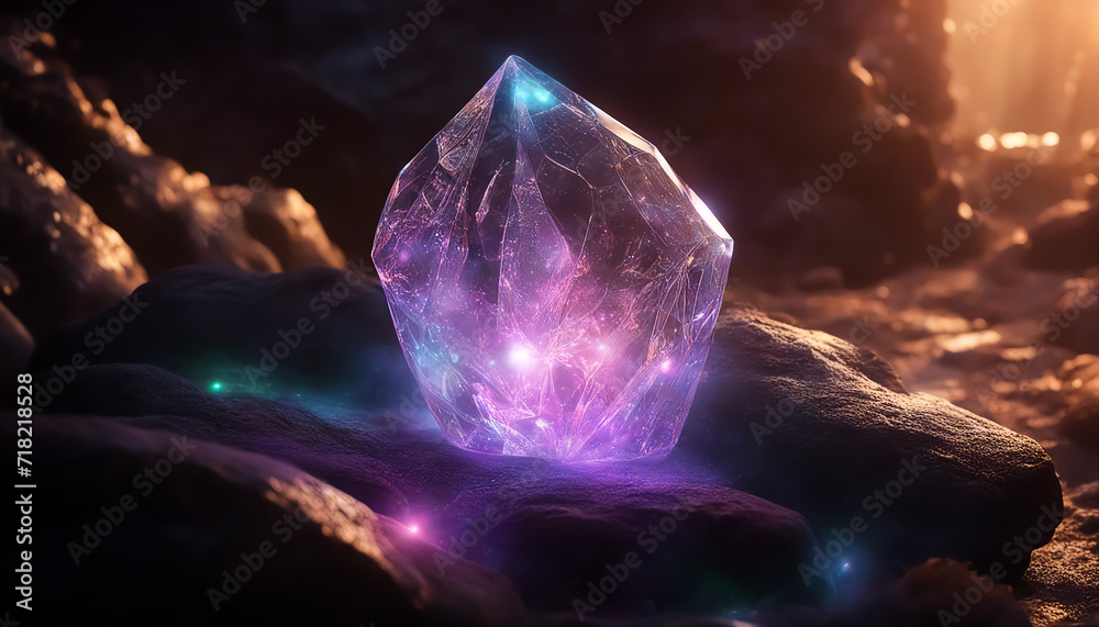 Magic crystal. Glowing purple crystal. Glittering mystical stone. Crystal in a mysterious cave. Selective focus. AI generated Magic crystal. Glowing purple crystal. Glittering mystical stone. Crystal in a mysterious cave. Selective focus. AI generated