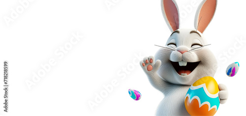 Easter Celebration with 3D Rabbit: Happy Easter White Bunny Holding Egg in Banner Cartoon with Text Copy Space, Isolated on Transparent Background, PNG