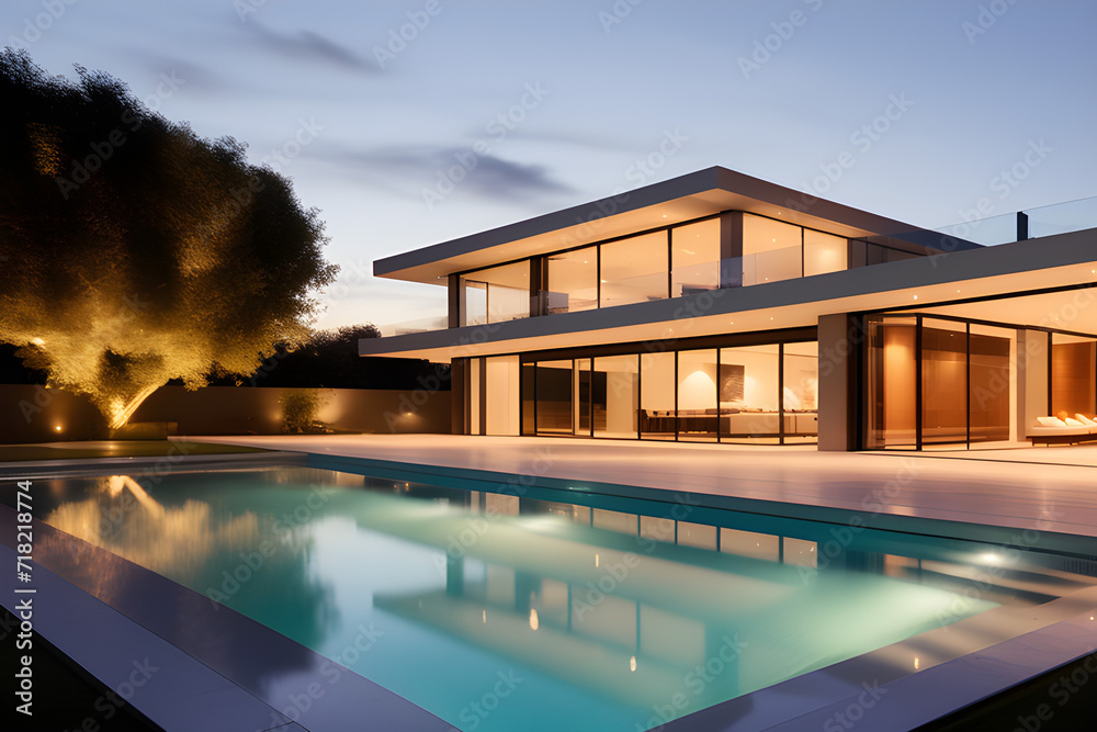 Modern villa with large swimming pool with colored LED lights at night. No one inside.