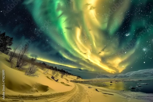 Northern Lights over snowy mountains. Aurora borealis with starry in the night sky.