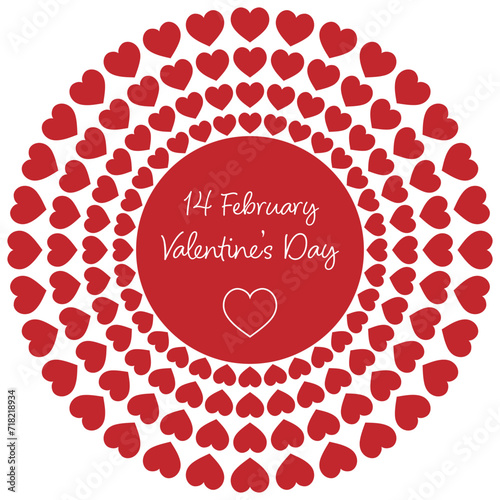 14 February Valentine’s Day - Schriftzug in englischer Sprache - 14. Februar Valentinstag. Poster mit roten Herzen.
