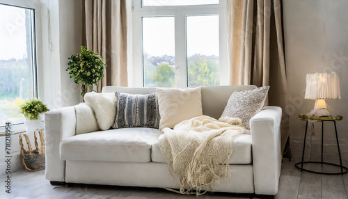 Cozy Serenity: Creamy Comfort on a White Sofa Beside the Window