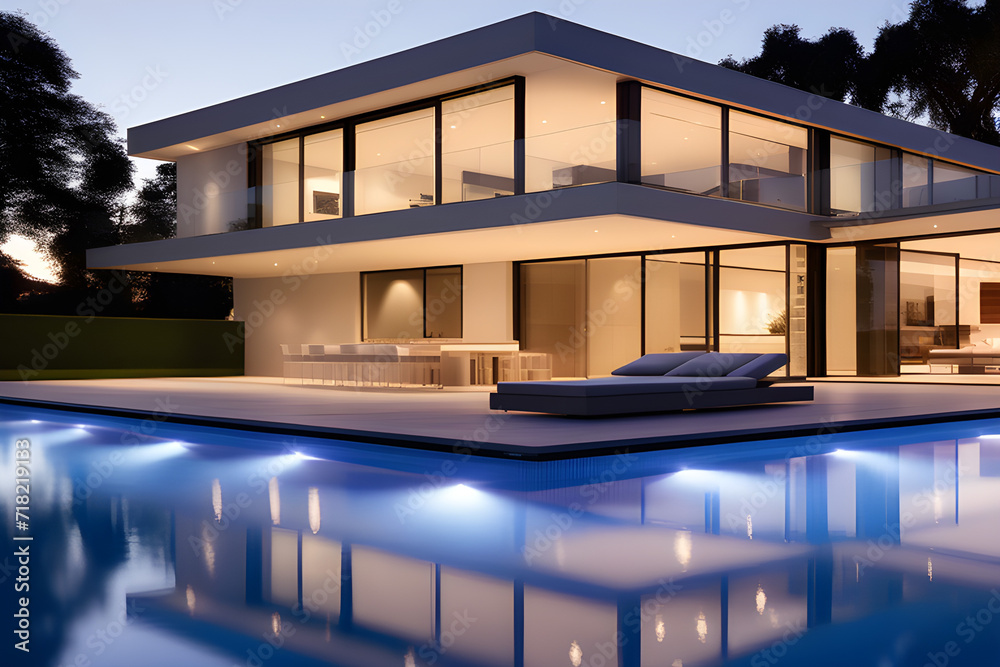 Modern villa with large swimming pool with colored LED lights at night. No one inside