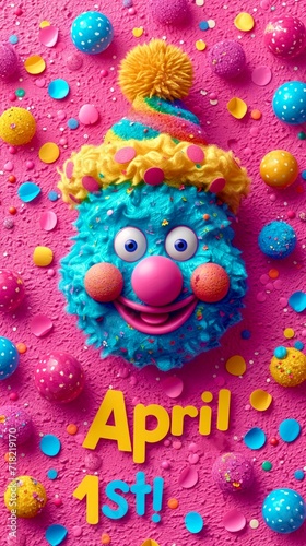 On a pink background with multicolored balloons, the blue face of a smiling clown with inscription April 1st