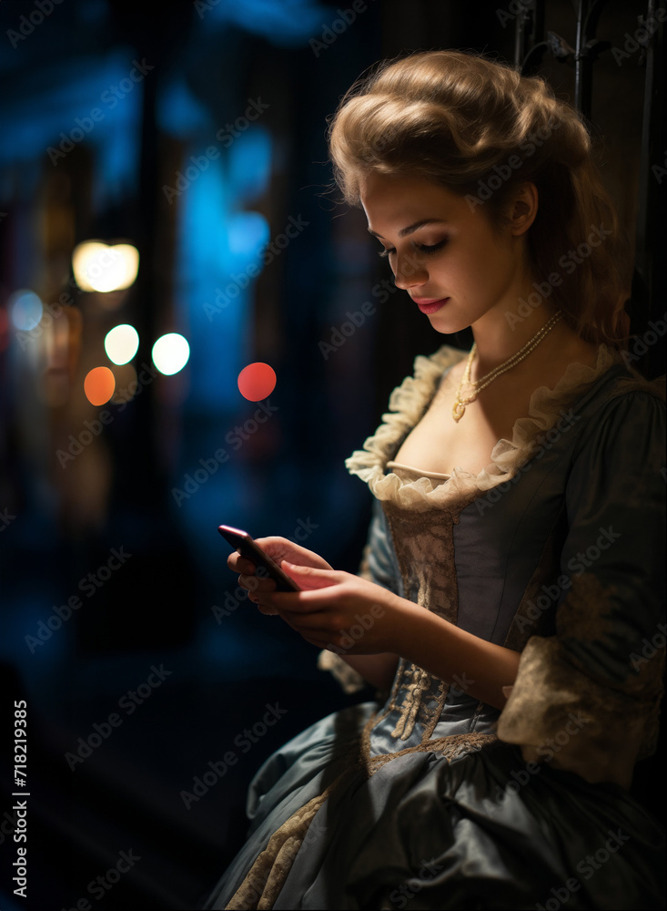 Victorian era woman checking her mobile phone outside at night Victorian era woman checking her mobile phone outside at night