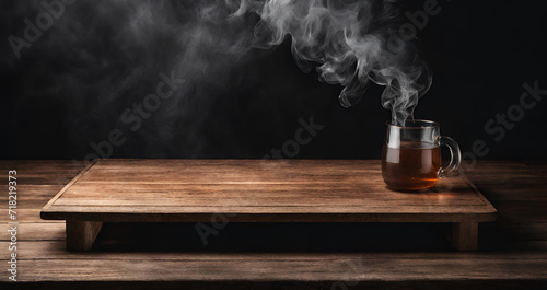 Water pouring into cup on wooden table emitting smoke, Smoke billowing from a wooden table in a dark room, Smoke rising from a wooden table on a black background.