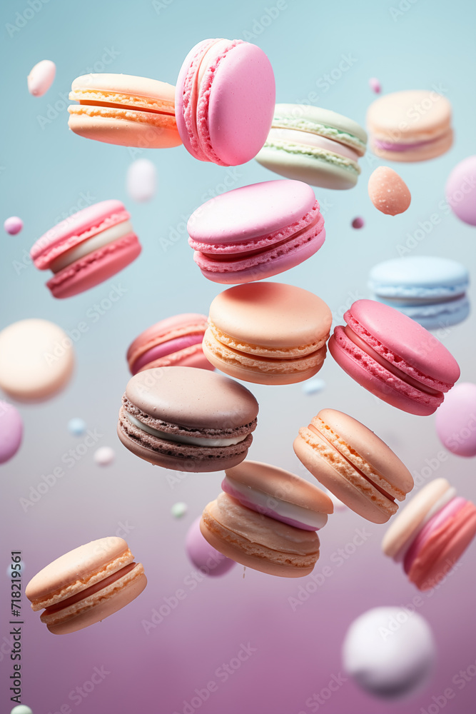 Colorful macarons in mid-air with sprinkles, against a gradient pastel blue and lavender background.
Colorful macarons in mid-air with sprinkles, against a gradient pastel blue and lavender background.