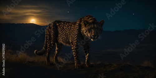 A black cheetah, cloaked in night's velvet, steals across the savannah. Its spotted coat, dusted with stardust, shimmers under the celestial gaze. 