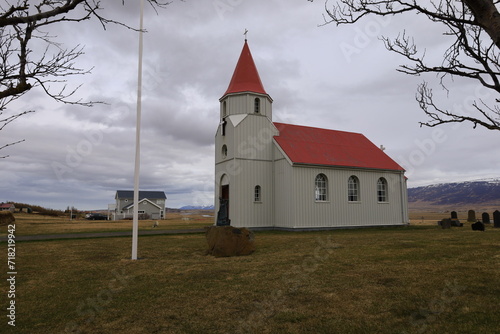 The Glaumbaer turf farm is a historical site and museum in North Iceland's Skagafjordur fjord photo