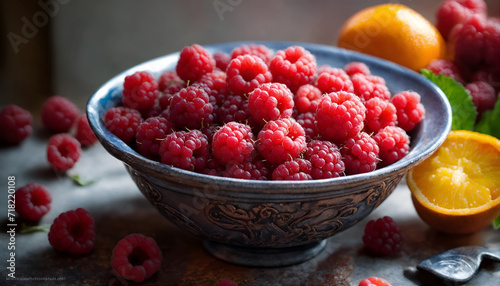 Beautiful fresh raspberries in a plate
