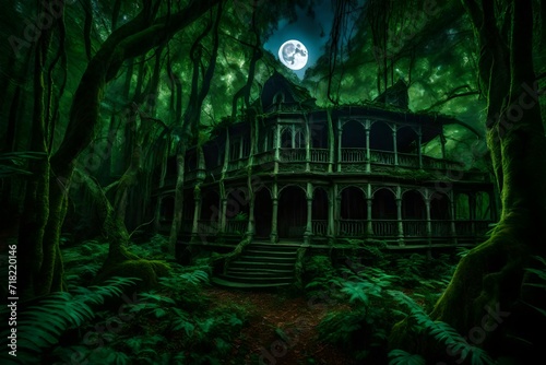 An enchanted jungle with a haunted house. Soft moonlight bathes the scene