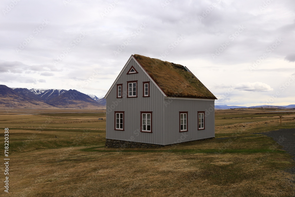 The Glaumbaer turf farm is a historical site and museum in North Iceland's Skagafjordur fjord