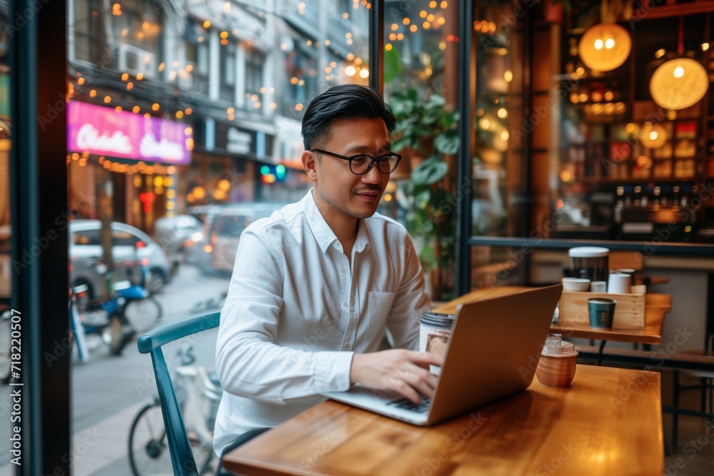 Young professional working intently on a laptop in a cafe with urban street views. Asian businessman in a white shirt engaged with his laptop at a busy coffee shop. Young professional working intently on a laptop in a cafe with urban street views. Asian businessman in a white shirt engaged with his laptop at a busy coffee shop.