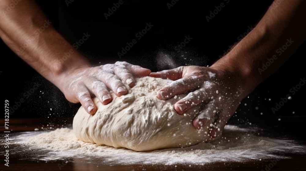 skilled hands kneading dough on a dramatic black background.