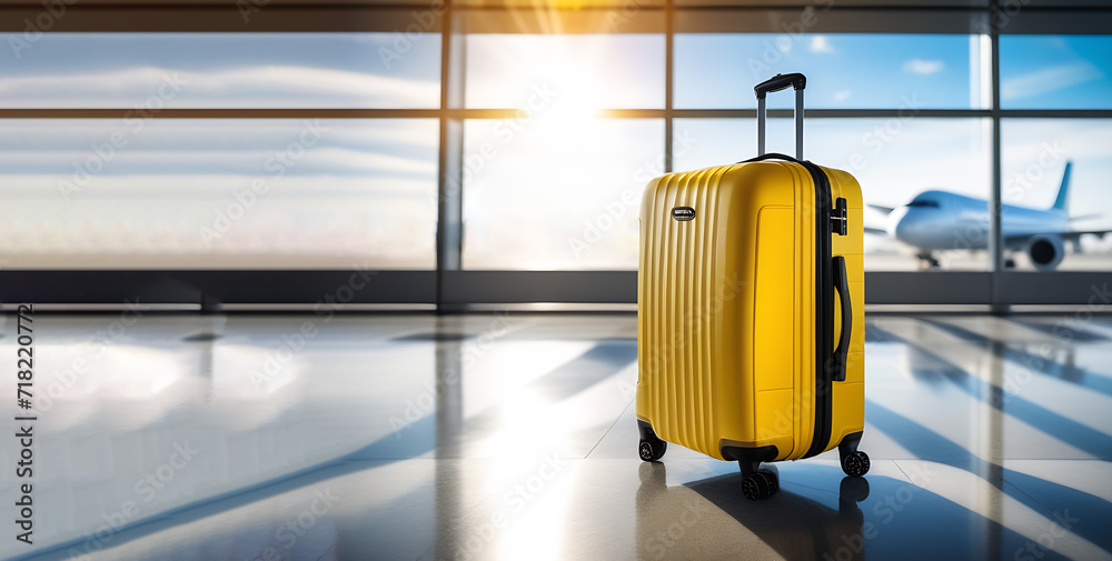 Yellow luggage in airport. A plane is outside the window. Sunny blur. Copy place. Banner design.