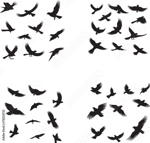 Set of Birds Flying black silhouettes on white background