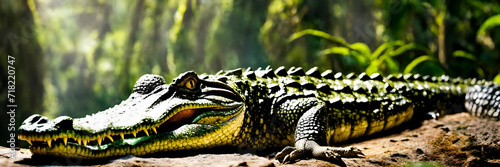 a large crocodile on the river bank