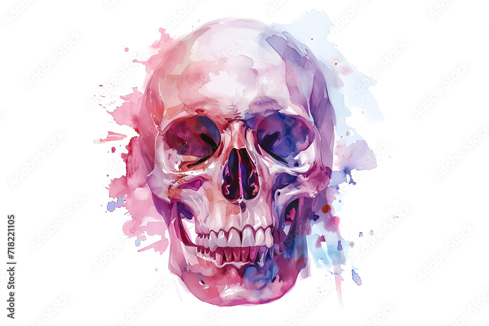 Fototapeta premium Soft pastel detailed human skull in watercolor style isolated on white background