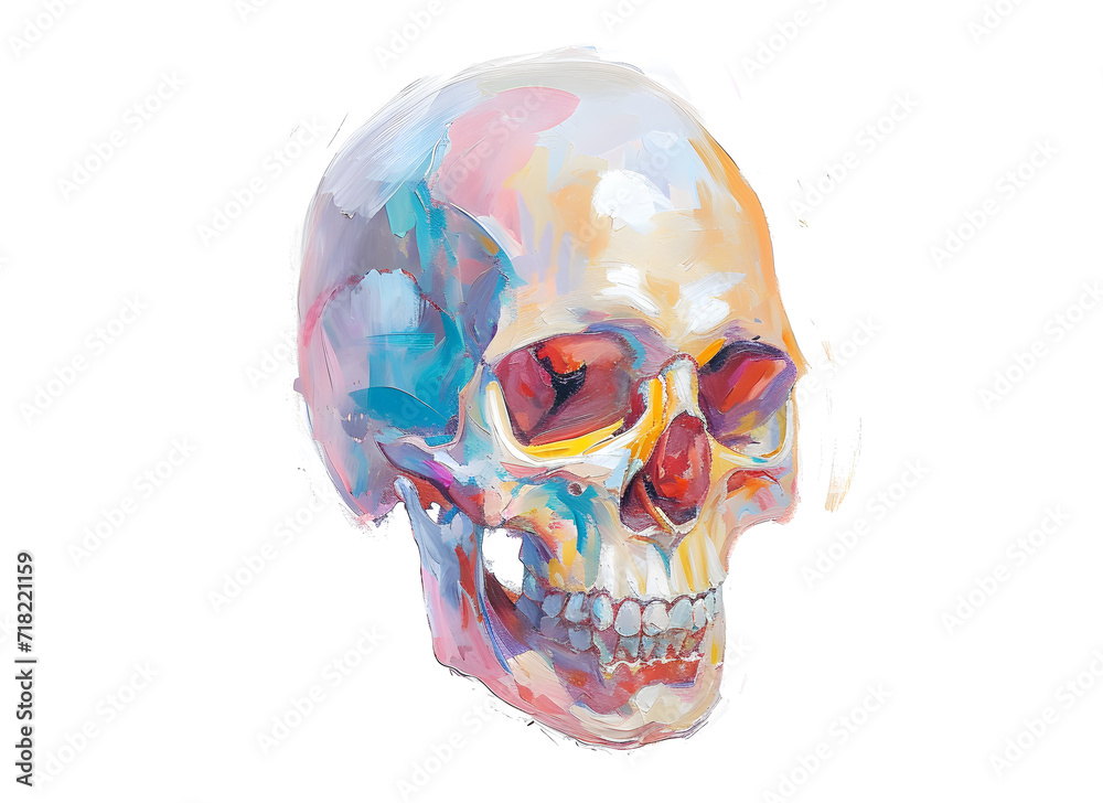 Soft pastel detailed human skull in watercolor style isolated on white background
