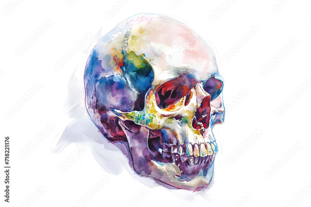 Soft pastel detailed human skull in watercolor style isolated on white background