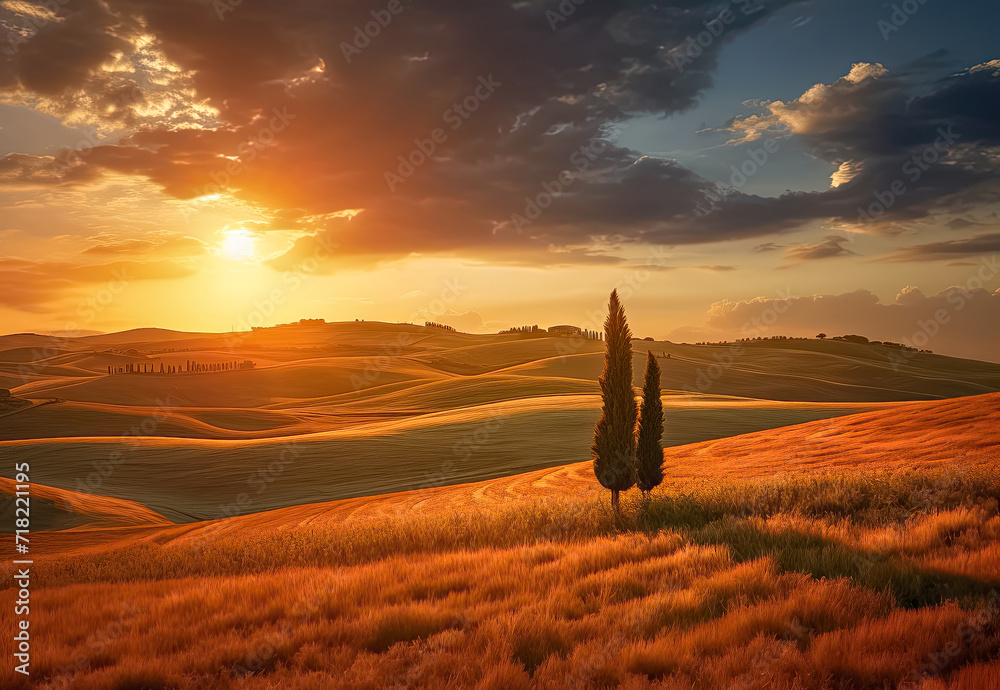 Mystische Landschaft in der Toskana bei Sonnenaufgang, Generative AI