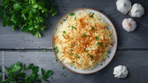 A plate of golden hash browns on a dark kitchen table surrounded by parsley and garlic bulbs.