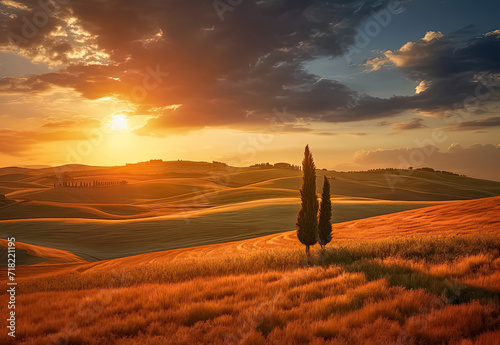 Obraz na płótnie Mystische Landschaft in der Toskana bei Sonnenaufgang, Generative AI w salonie