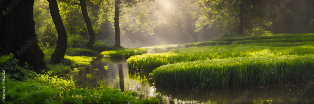 Naklejka premium beautiful background with a small lake and reeds in the forest