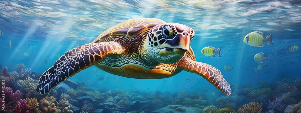 Fototapeta premium a green sea turtle in a beautiful blue ocean. turquoise water color. background wallpaper 