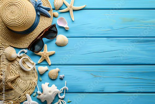 Beach accessories on blue wooden background. Summer Holiday Vacation.