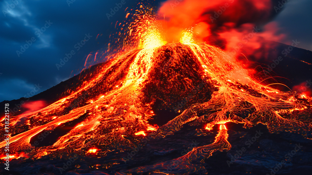 Fiery Volcanic Eruption, Lava Flow and Smoke, Nighttime Danger, Natures Power, Geological Phenomenon