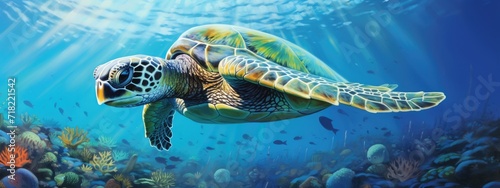 a green sea turtle in a beautiful blue ocean. turquoise water color. background wallpaper 