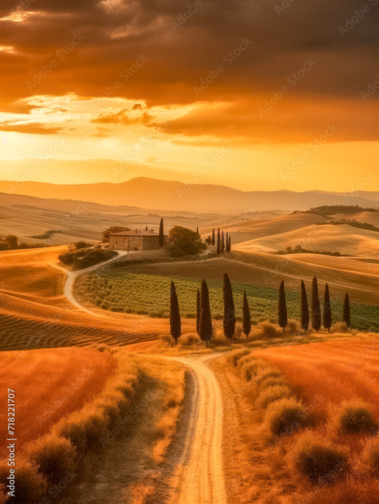 Mystische Landschaft in der Toskana bei Sonnenaufgang, Generative AI