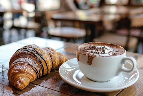 A cup of cappuccino with a croissant on the table.