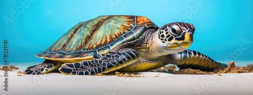 a green sea turtle in a beautiful blue ocean. turquoise water color. background wallpaper 