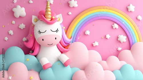 Abstract 3D Unicorn and Rainbow on Clouds - Cute Unicorn Background - AI Generated © Alex