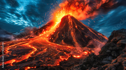 Majestic Volcanic Eruption, Fiery Lava Flow, Night Sky Illuminated by Molten Magma, Geological Wonder