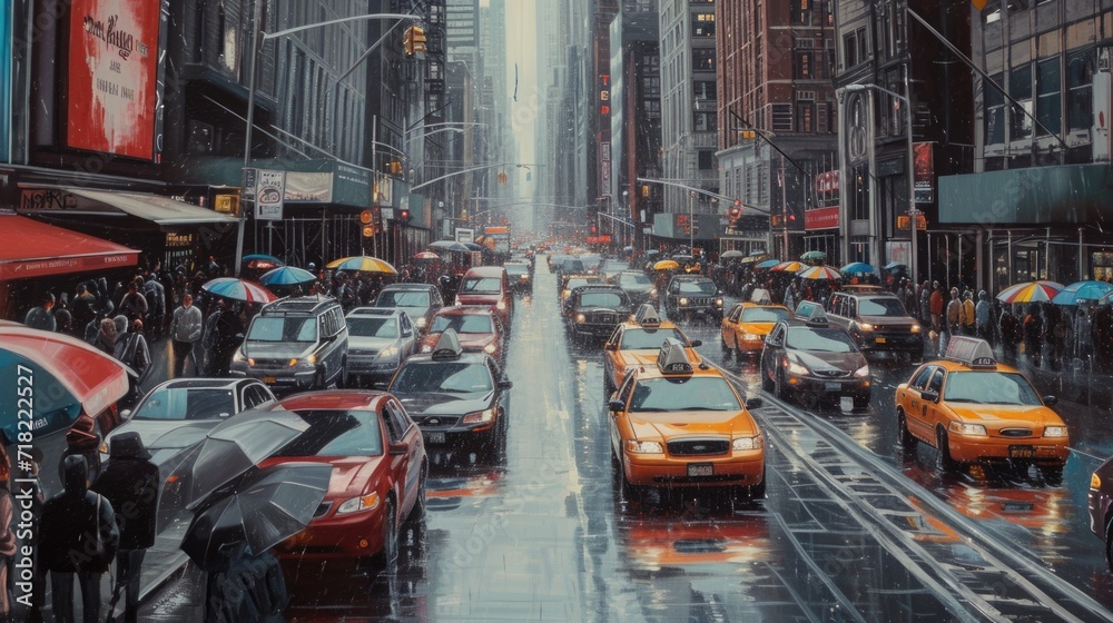 A painting depicting a busy city street in the rain. Suitable for various applications