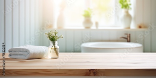 Blurred bathroom interior with wooden table top in the background.
