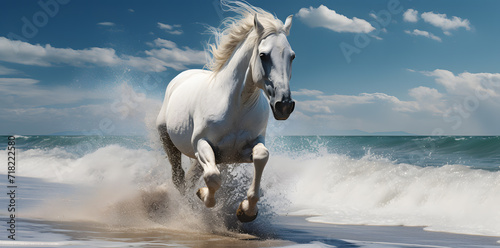 Gorgeous white horse galloping along the beach