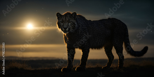 A black cheetah, cloaked in night's velvet, steals across the savannah. Its spotted coat, dusted with stardust, shimmers under the celestial gaze. 