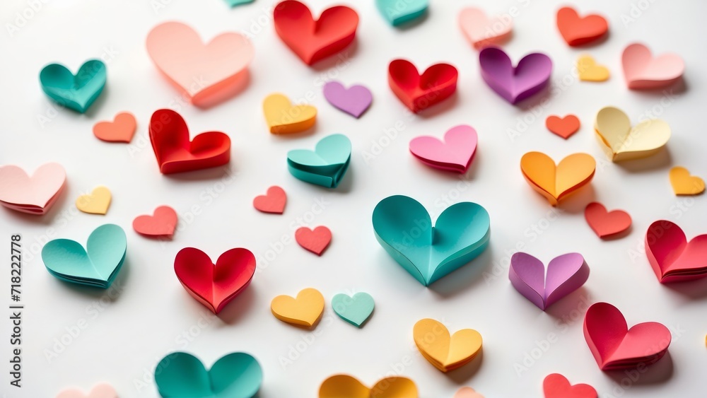 colorful paper cut hearts on white background, heart shaped confetti