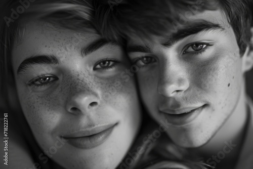 A black and white photo featuring a boy and a girl