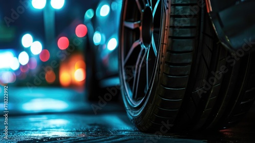 A detailed view of a tire on a city street. Suitable for automotive, transportation, or urban themes