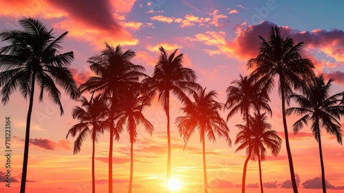 A beautiful view of a group of palm trees on a beach at sunset. Perfect for travel and vacation related projects