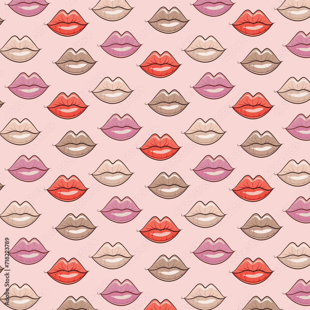 Bright lips seamless pattern. Red, pink and beige cartoon kiss repeat on light pink background. Vector illustration. Bright lips seamless pattern. Red, pink and beige cartoon kiss repeat on light pink background. Vector illustration.