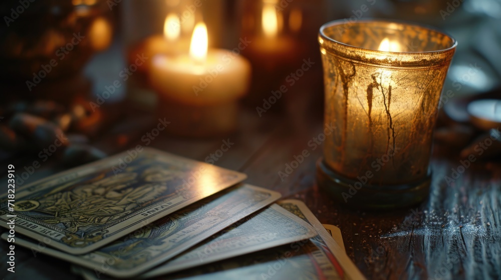 Obraz premium A candle and a stack of cards placed on a table. Can be used for various occasions and themes